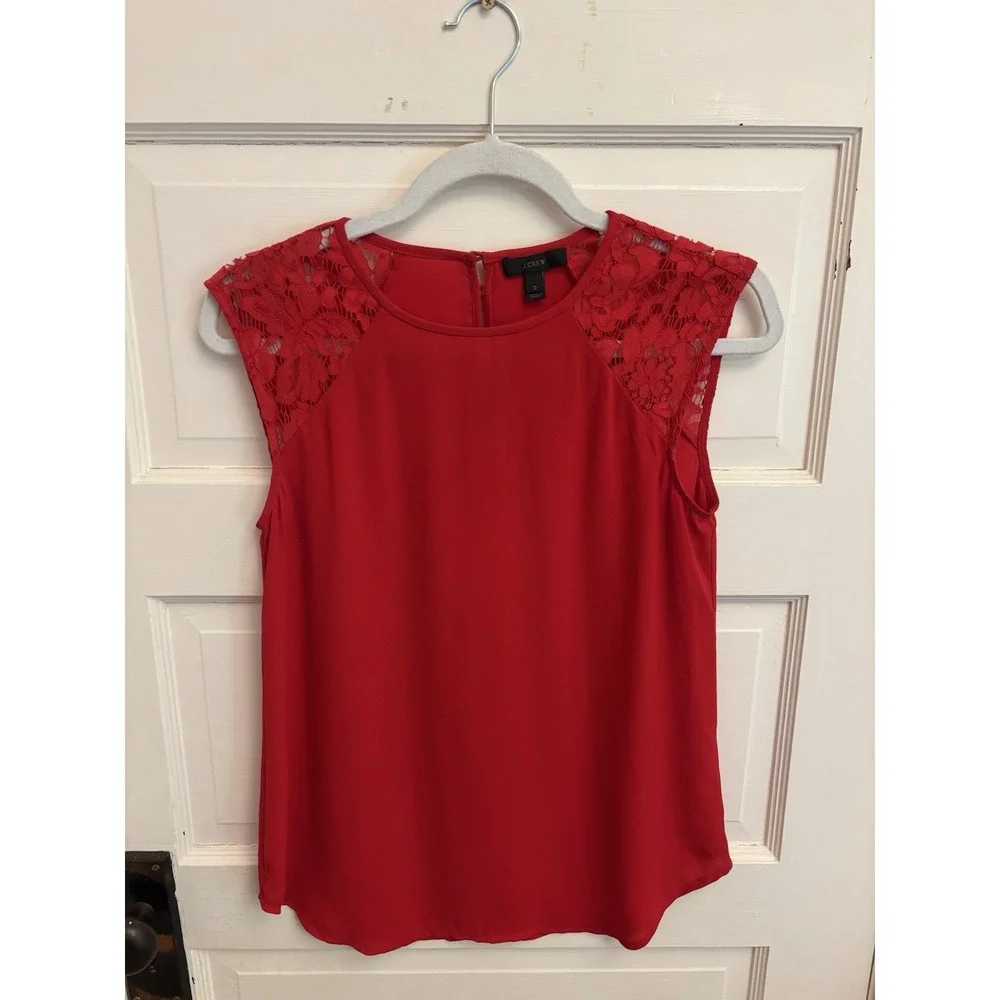 J Crew Women's Red Crew Neck Sleeveless‎ Lace Detailed Blouse Size 0